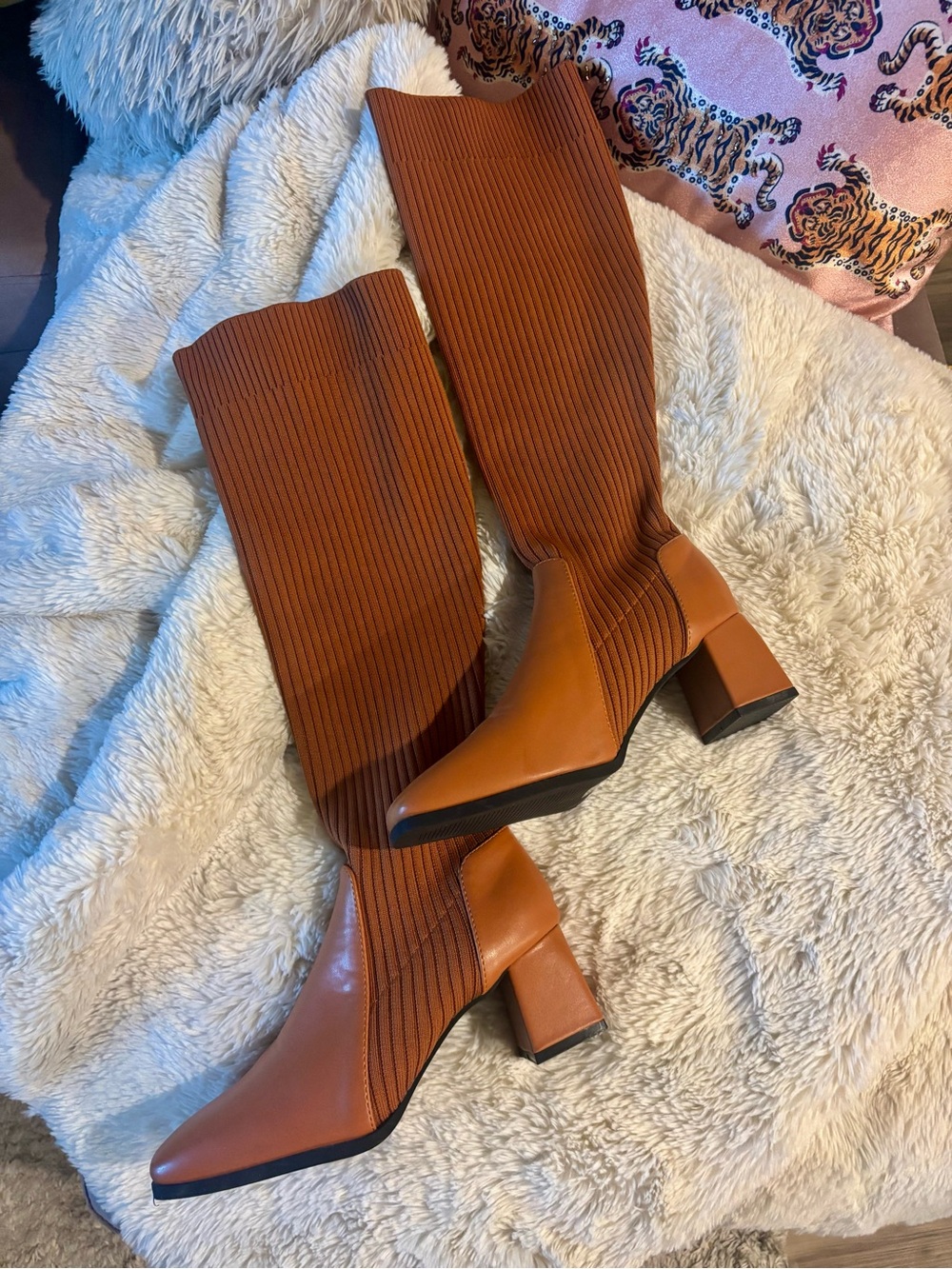 Knee-High Ribbed Stretch Boot in Cognac